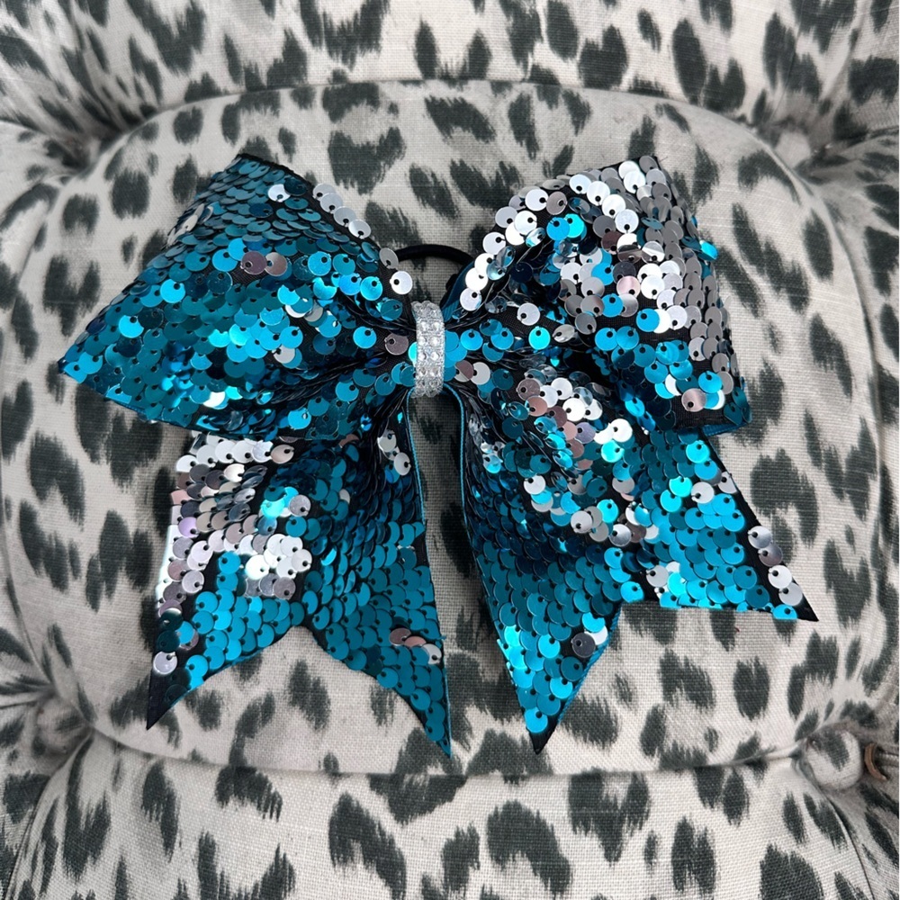 Blue & Silver Sequined Cheerleading Bow